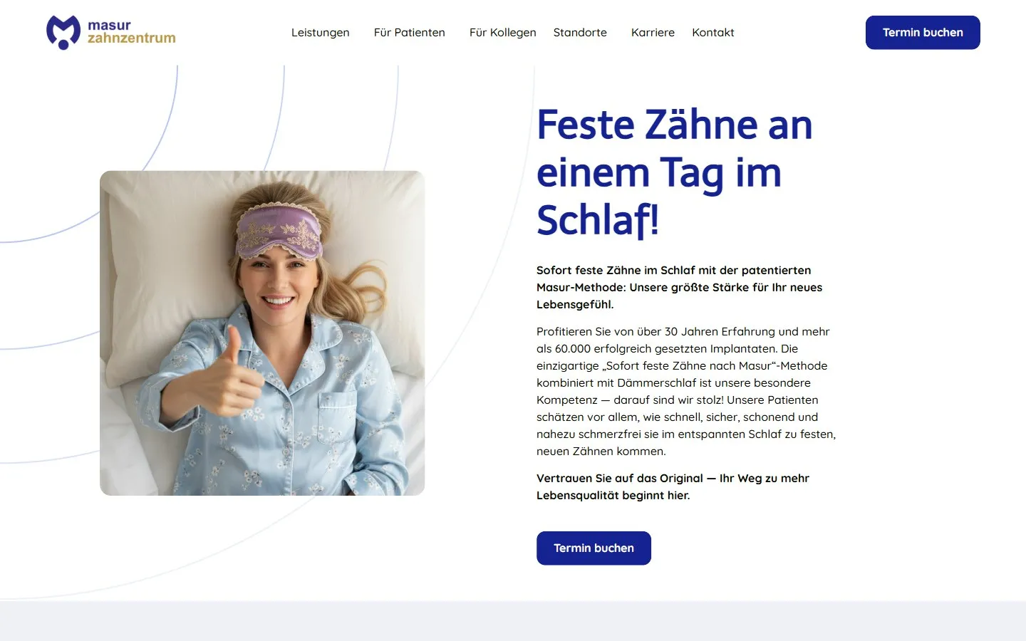Seite „Feste Zähne an einem Tag“ mit Bild, kurzer Erklärung und Terminknopf.