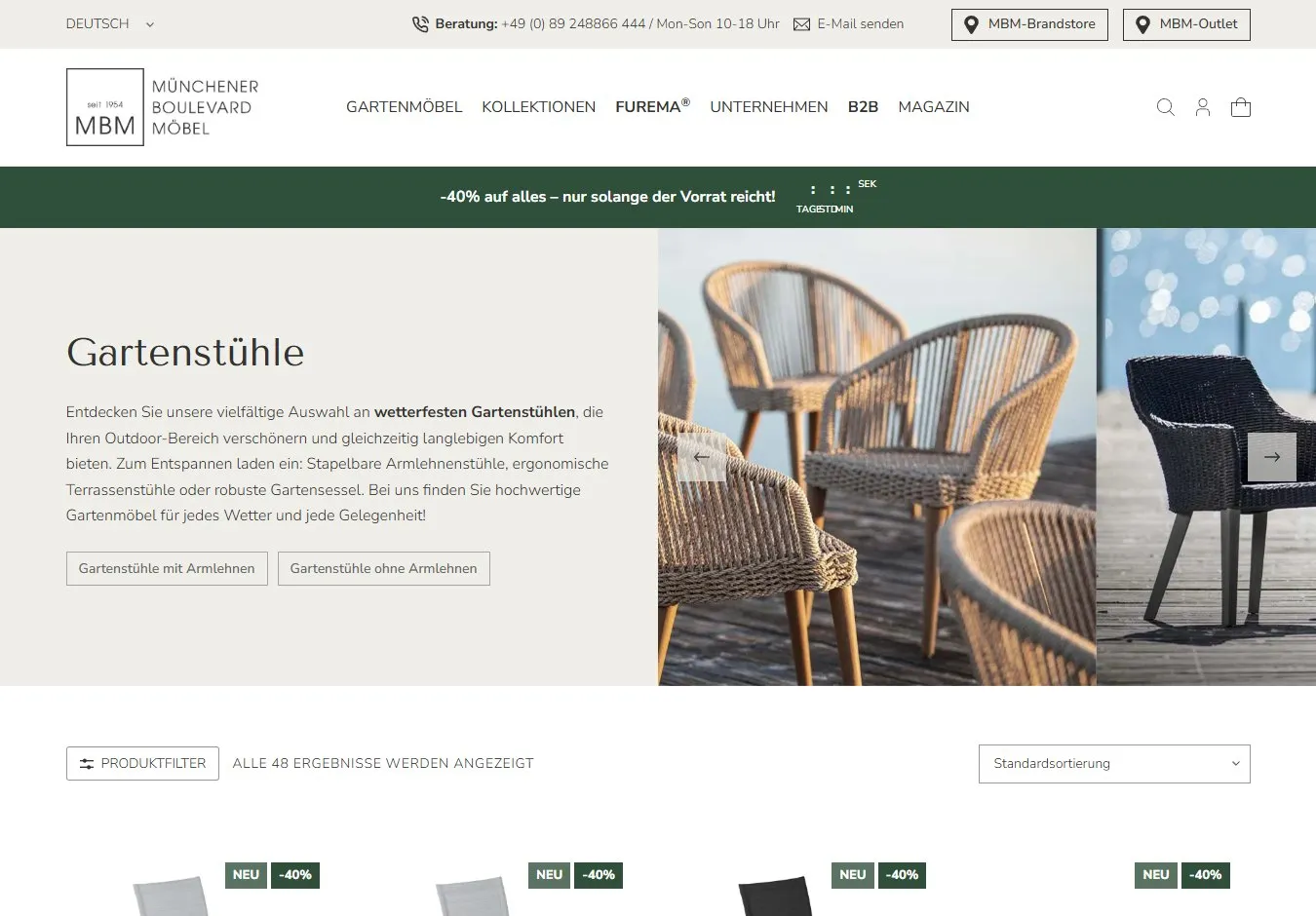 Kategorie Gartenstühle mit Produktfilter.
