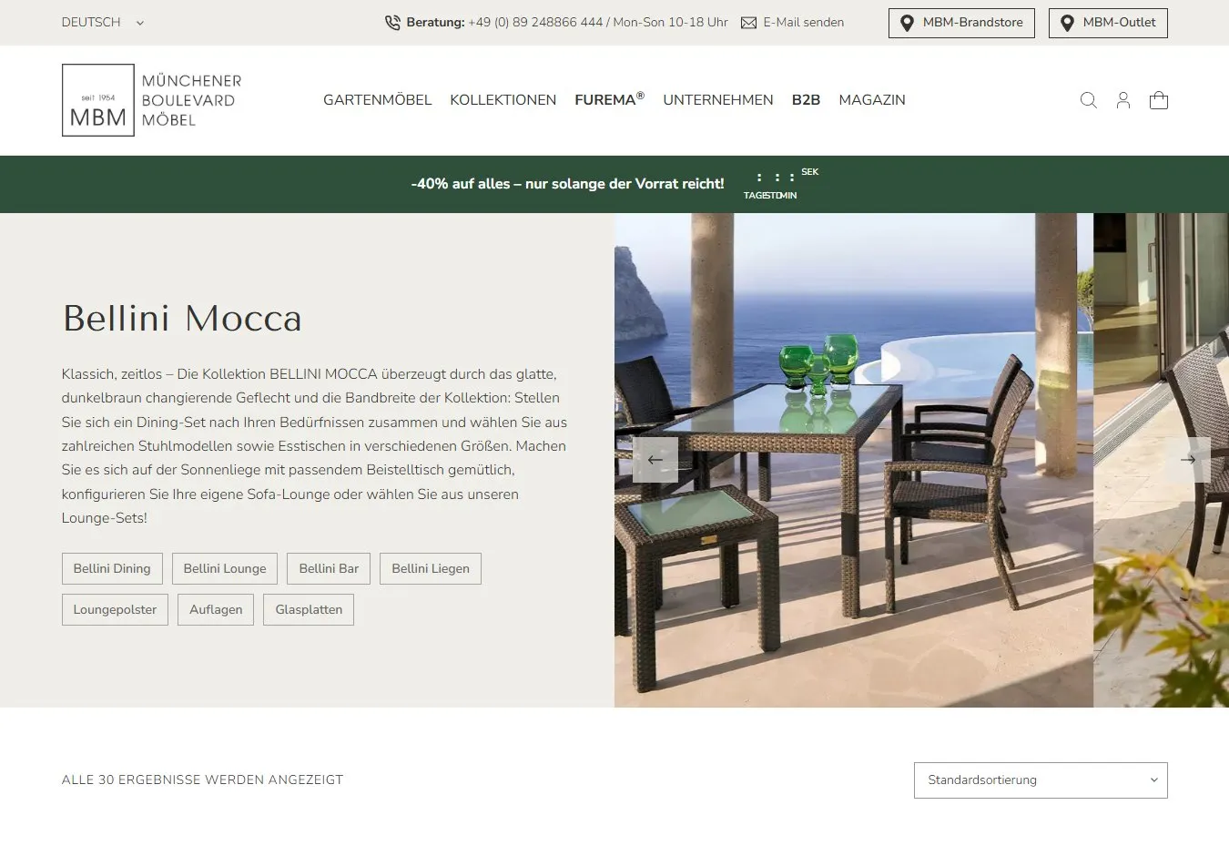 Kollektionsseite Bellini Mocca mit Bild, Text und Sprüngen zu Dining, Lounge und Bar.