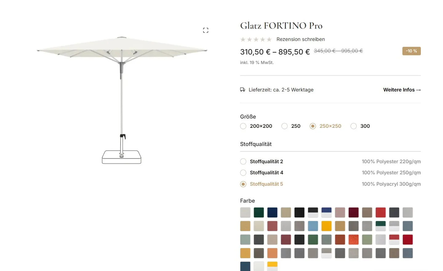 Produktseite eines Glatz-Sonnenschirms: Größe, Stoffqualität und über 50 Farben werden nacheinander gewählt.