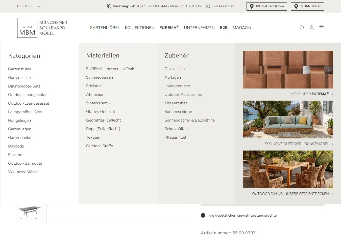 Mega-Menü mit Kategorien, Materialien, Zubehör und Bildern der Kollektionen.