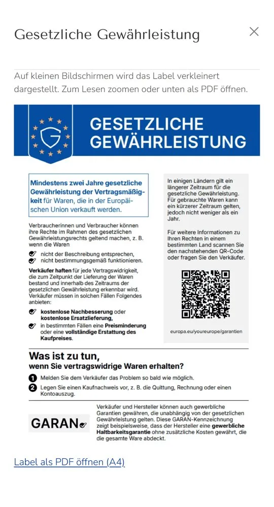 Seitenpanel mit dem EU-Gewährleistungslabel auf dem Handy.