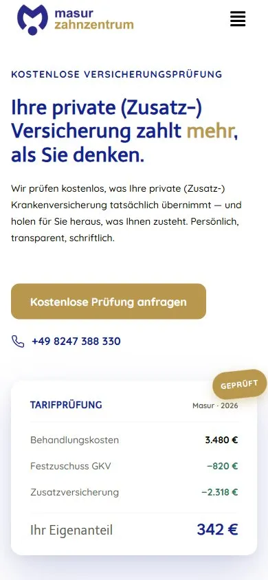 Seite für Privatversicherte auf dem Handy.