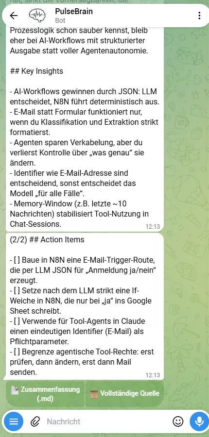 Ein gespeicherter Eintrag mit Kernaussagen und nächsten Schritten.