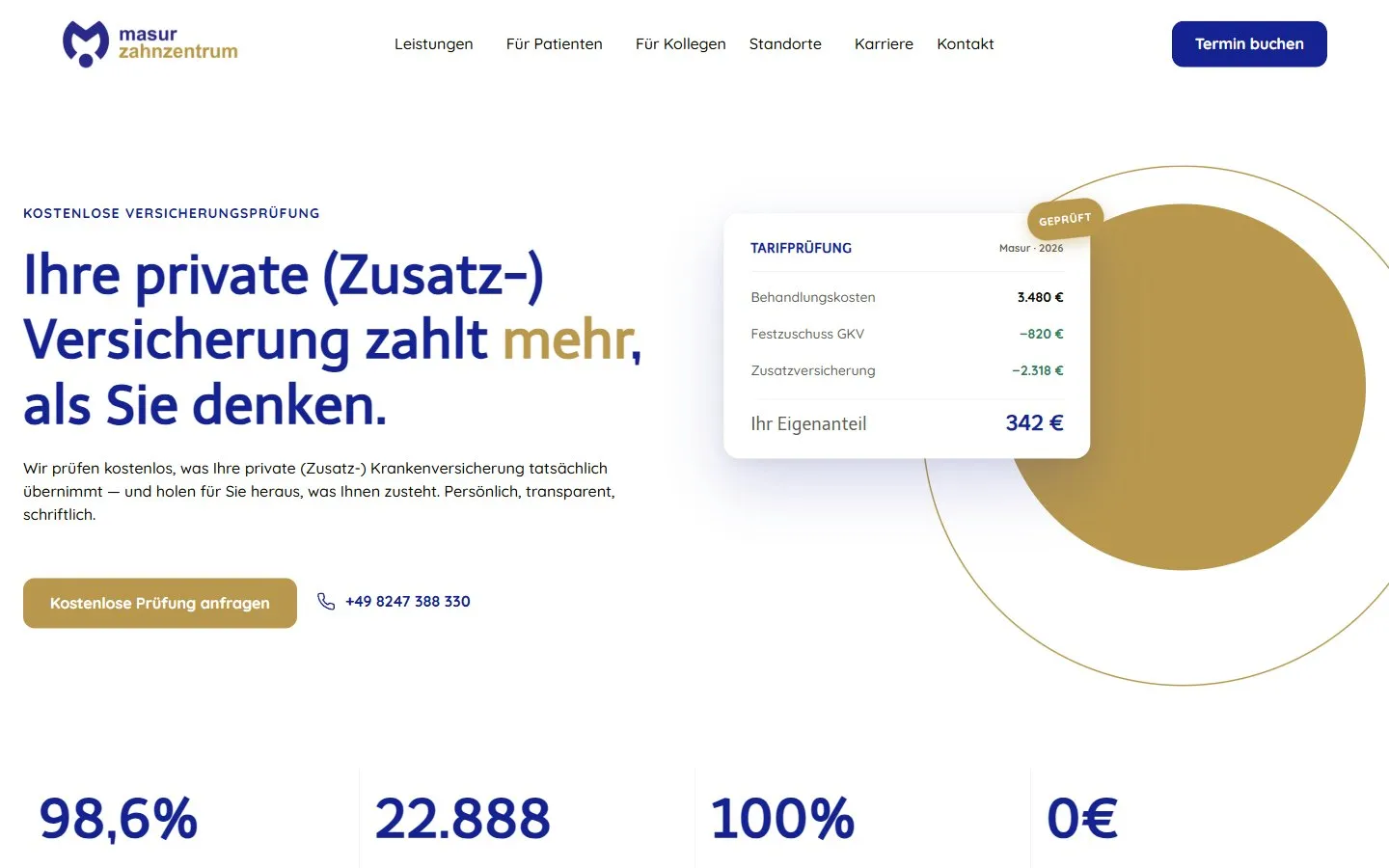 Seite für Privatversicherte mit Beispiel einer Tarifprüfung.