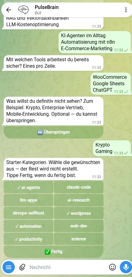Einrichtung im Chat: Themen und Kategorien auswählen.