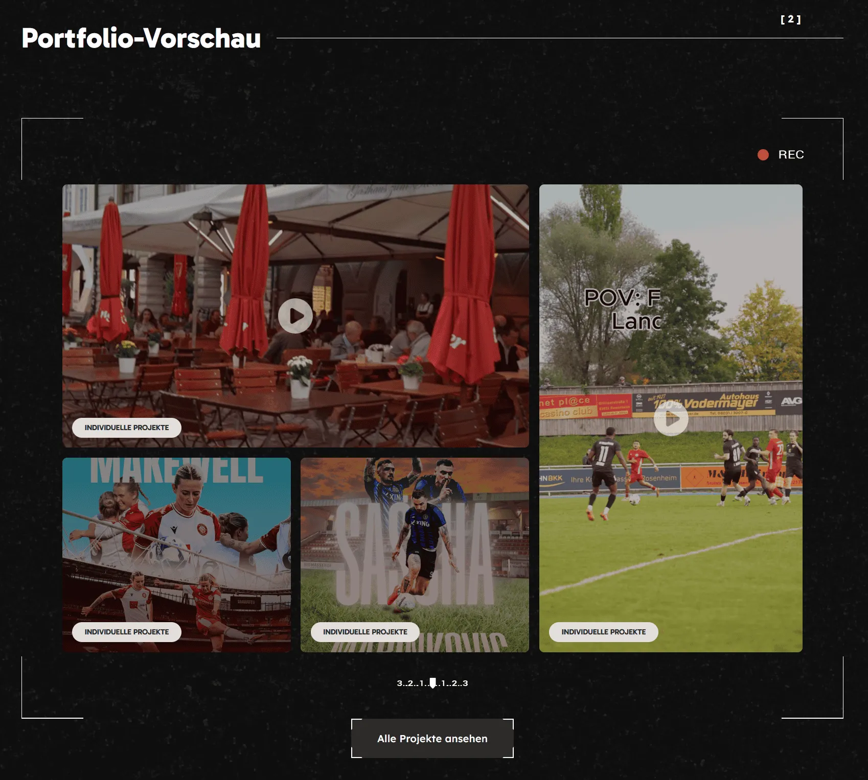 Portfolio-Vorschau: Videoprojekte aus dem Amateurfußball und der Gastronomie als Kacheln.
