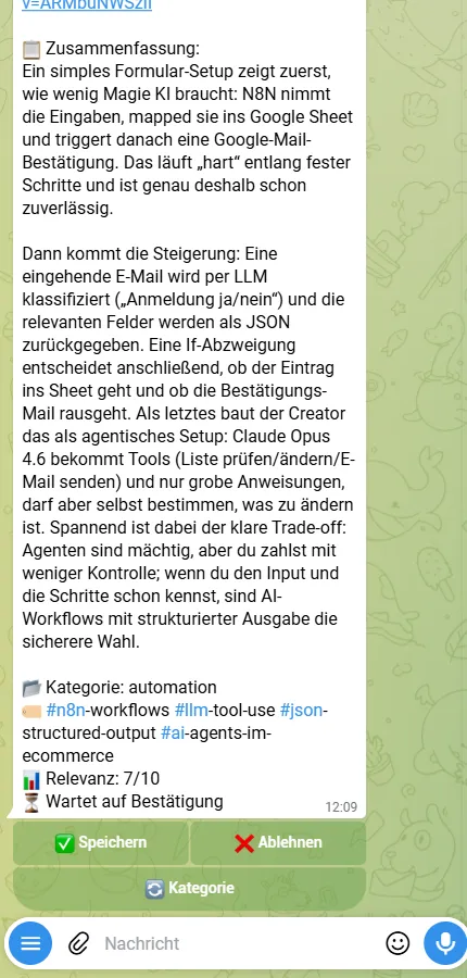 Zusammenfassung eines YouTube-Videos mit Kategorie, Relevanz und den Knöpfen Speichern und Ablehnen.